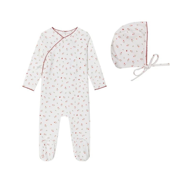MINI LABEL IVORY/PINK FLORAL WRAP FOOTIE + BONNET