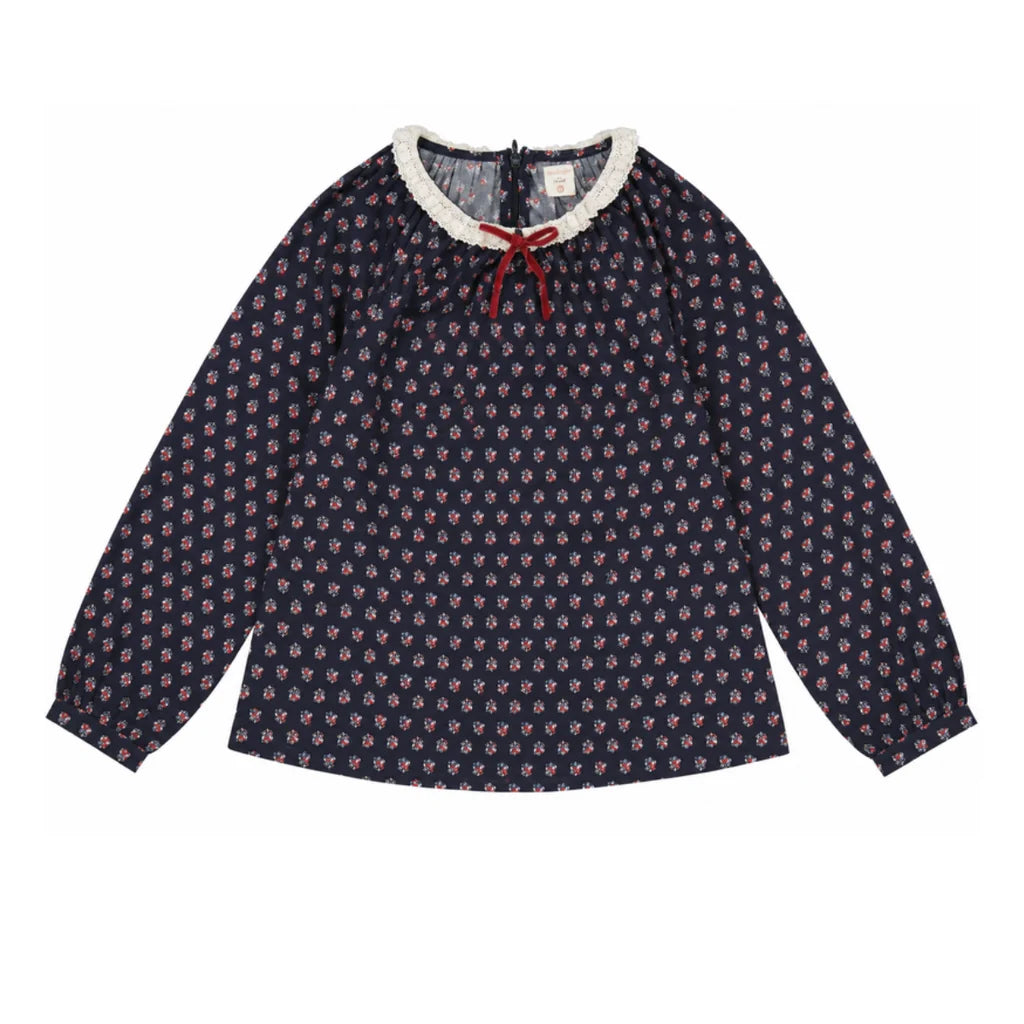 ANALOGIE NAVY PRINT HOME GARDEN LACE TRIM COLLARED BLOUSE