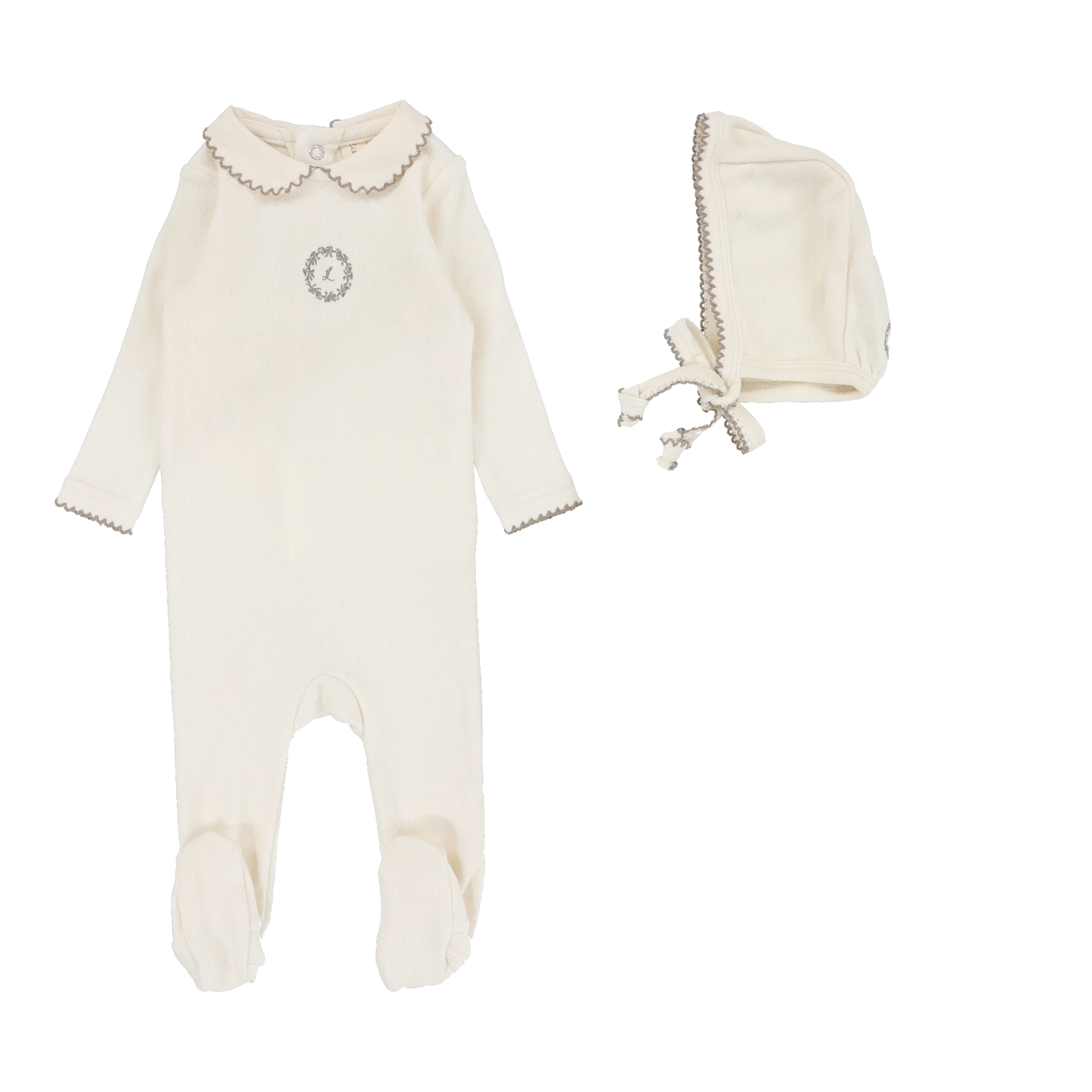 LILETTE CREAM/TAN EMBLEM EMBROIDERED FOOTIE SET
