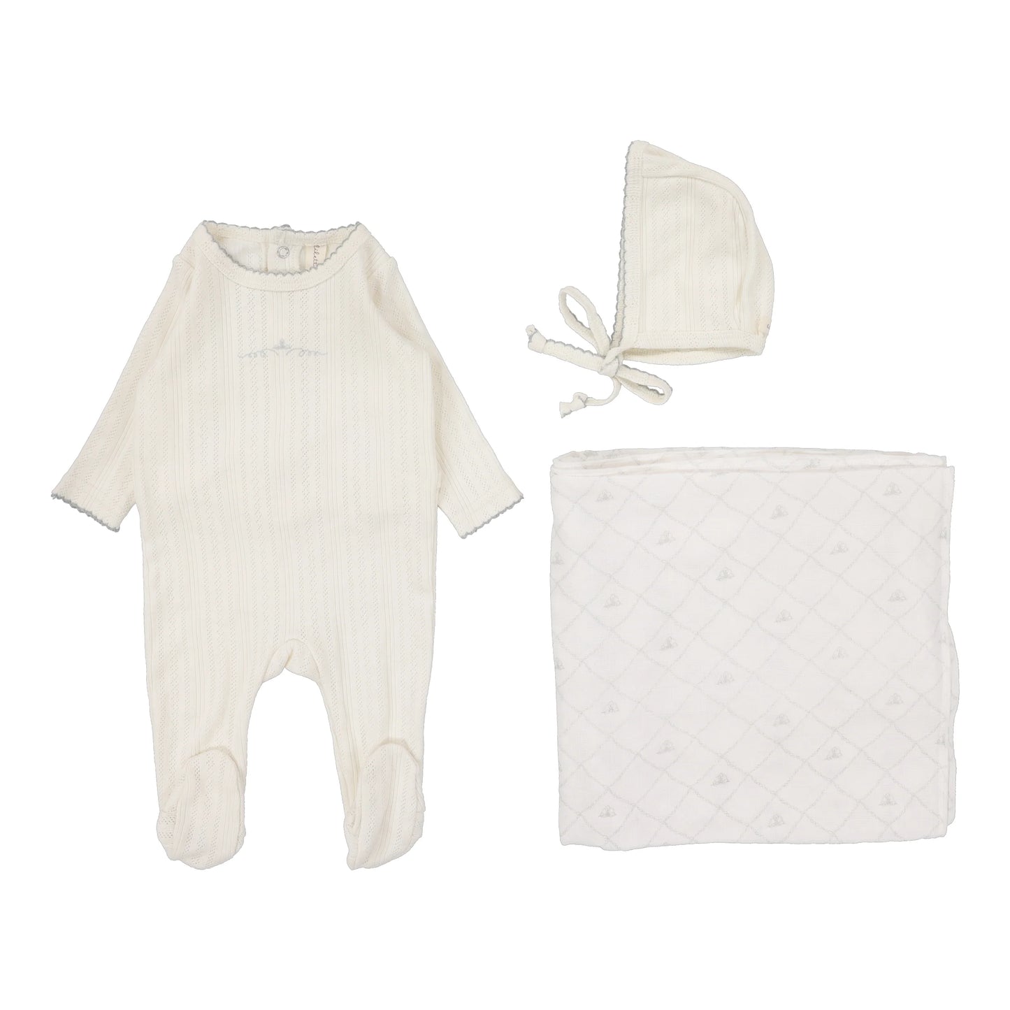 LILETTE CREAM/BLUE POINTELLE CROWN PRINT LAYETTE SET