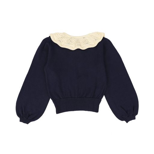 MIPOUNET NAVY CREAM SCALLOP RUFFLE SWEATER