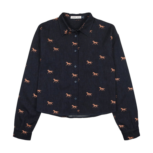 URBAN EDGE BLUE DENIM HORSE PRINT BLOUSE