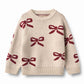 WHEAT ECRU/BURGUNDY BOW PRINT SWEATER