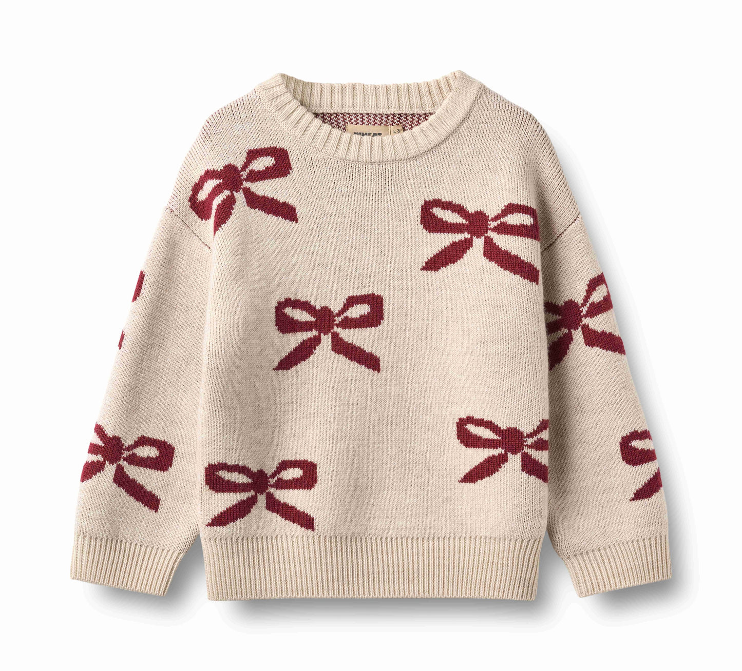 WHEAT ECRU/BURGUNDY BOW PRINT SWEATER