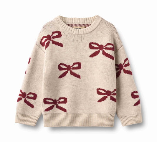 WHEAT ECRU/BURGUNDY BOW PRINT SWEATER