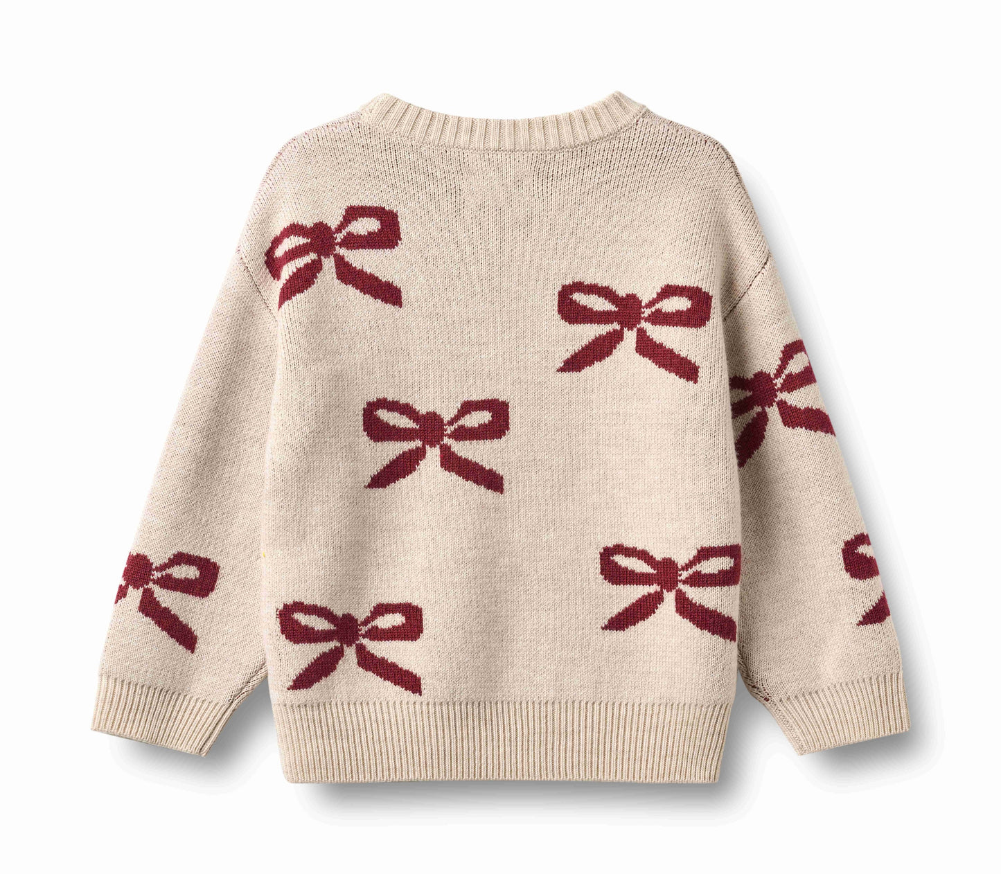 WHEAT ECRU/BURGUNDY BOW PRINT SWEATER