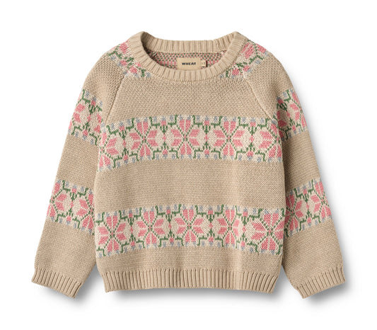 WHEAT TAN FLORAL WIDE STRIPE SWEATER