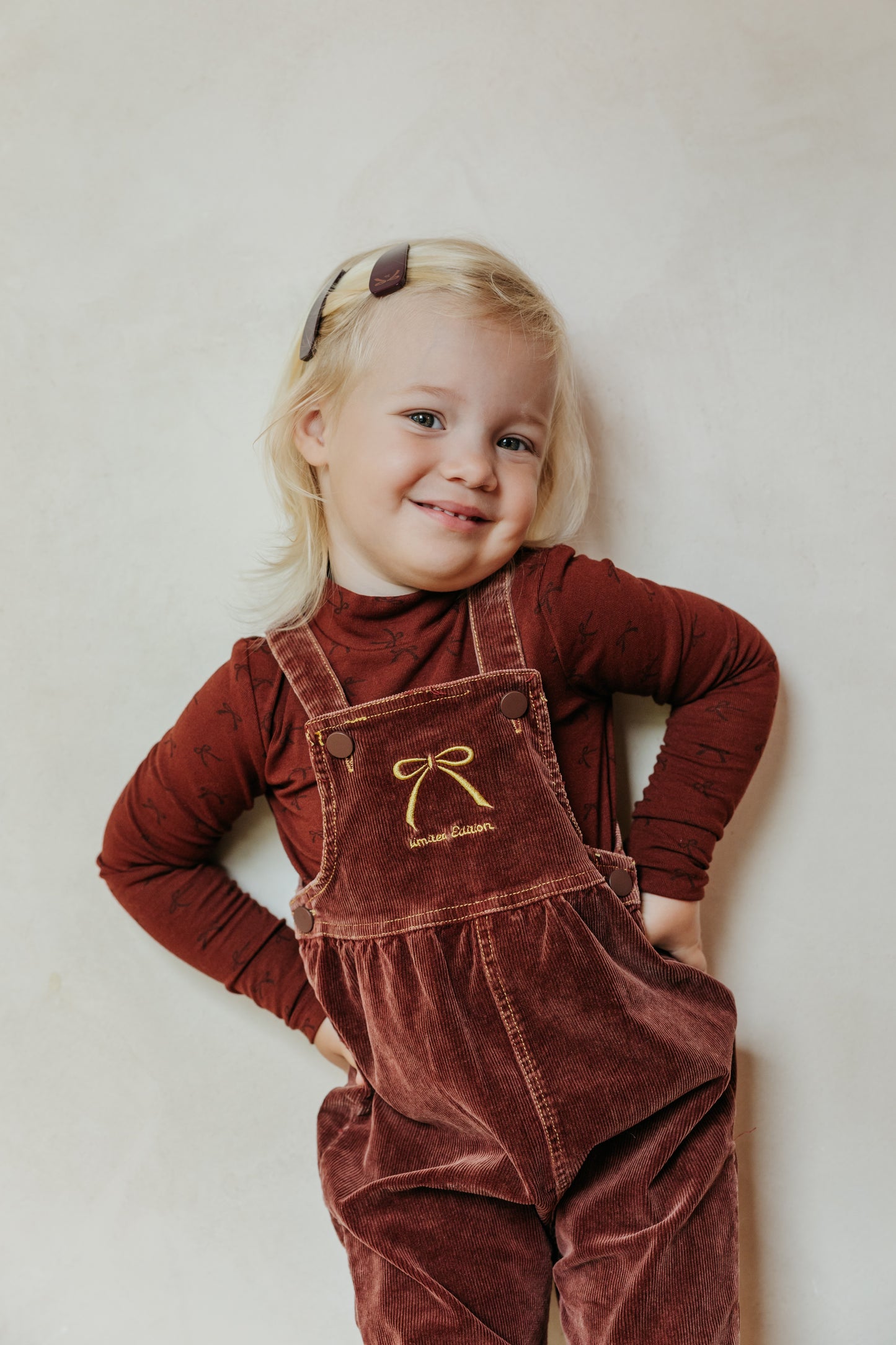LIMITED EDITION BRICK EMBROIDERED BOW OVERALLS