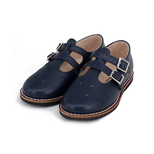 CAMILLE KIDS NAVY DOUBLE BUCKLE T-STRAP SHOE