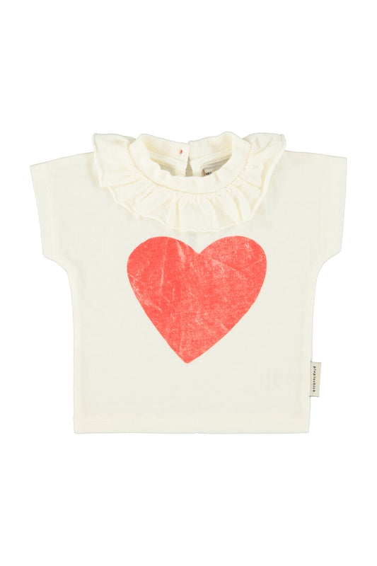 PIUPIUCHICK ECRU HEART PATCH RUFFLE COLLAR T-SHIRT