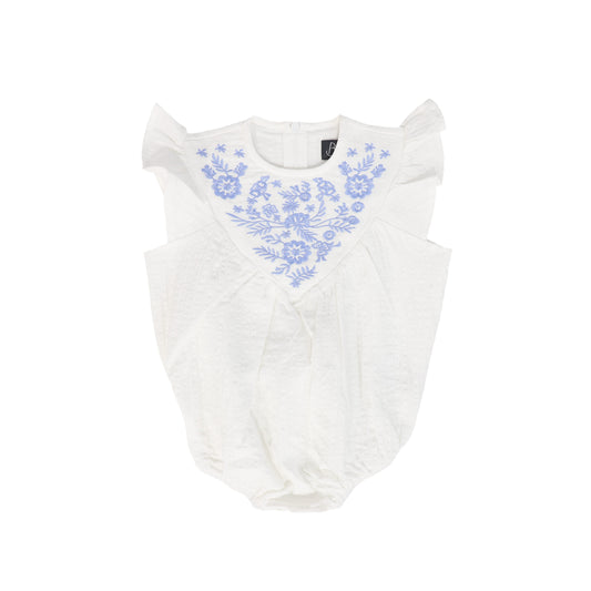 BELATI WHITE/BLUE CRINKLE TEXTURED V YOKE ROMPER