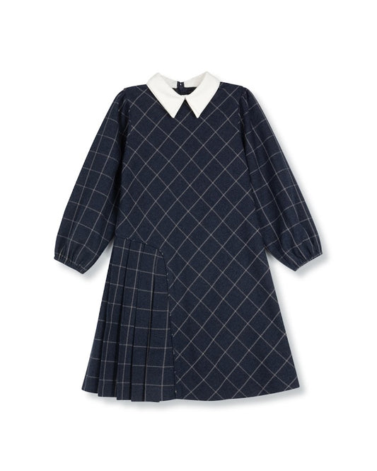 LILOU NAVY WOOL CHECKED SIDE PLEAT DRESS