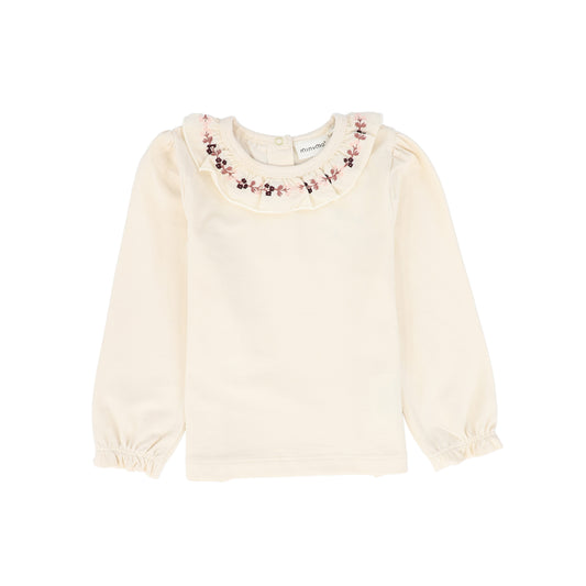 MINYMO CREAM EMBROIDERED RUFFLE COLLAR TOP