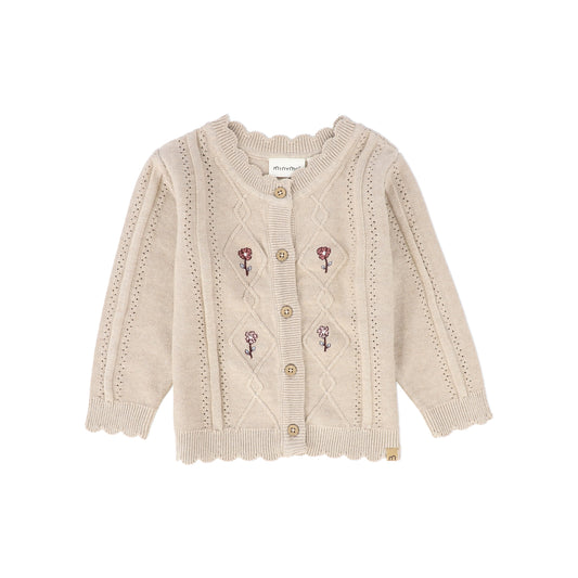 MINYMO BEIGE FLOWER EMBROIDERED KNIT CARDIGAN