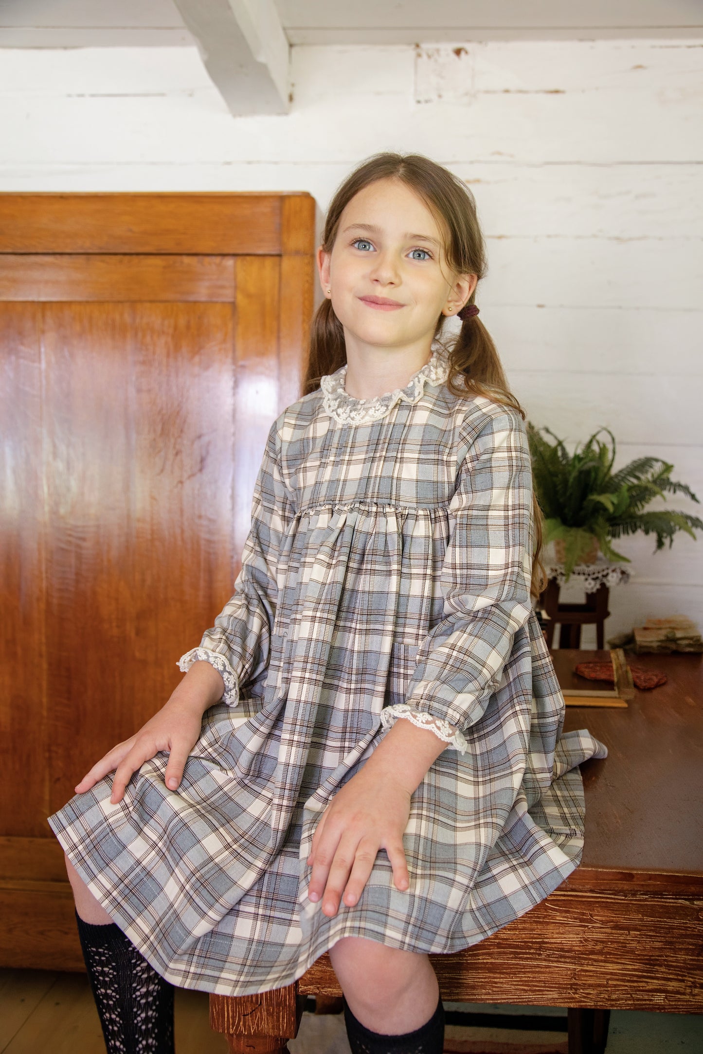 BELATI BLUE PLAID LACE COLLAR DRESS