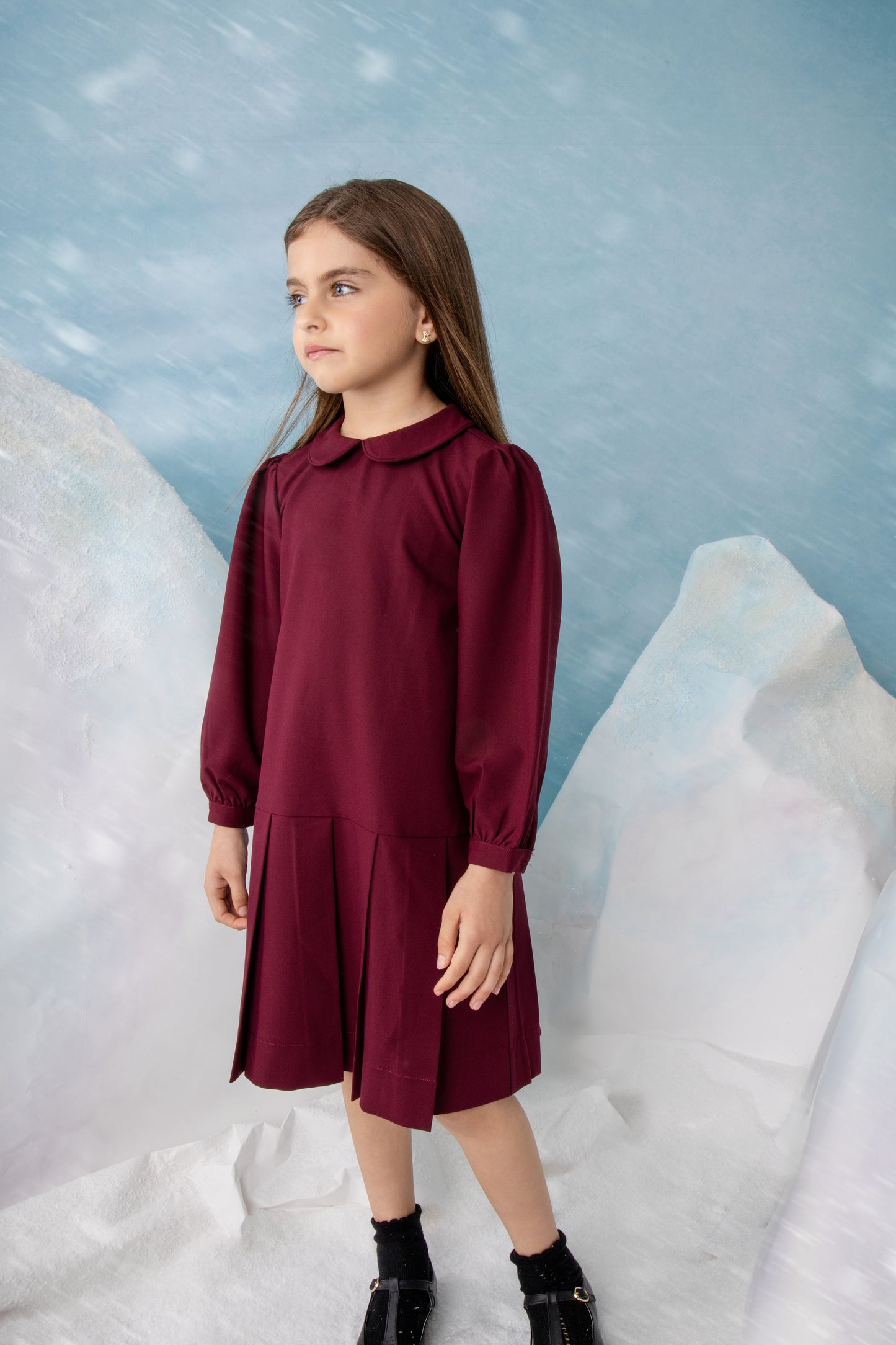 NOMA BURGUNDY PETER PAN COLLAR DROP WAIST DRESS