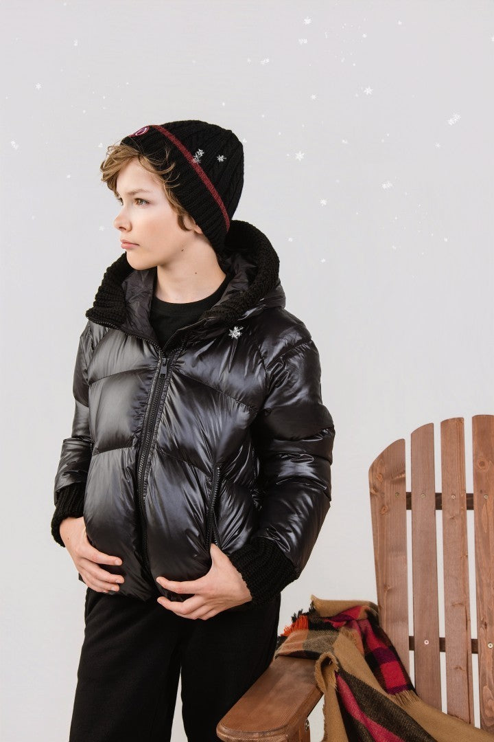 ELLABEE BLACK KNIT TRIM PUFFER COAT