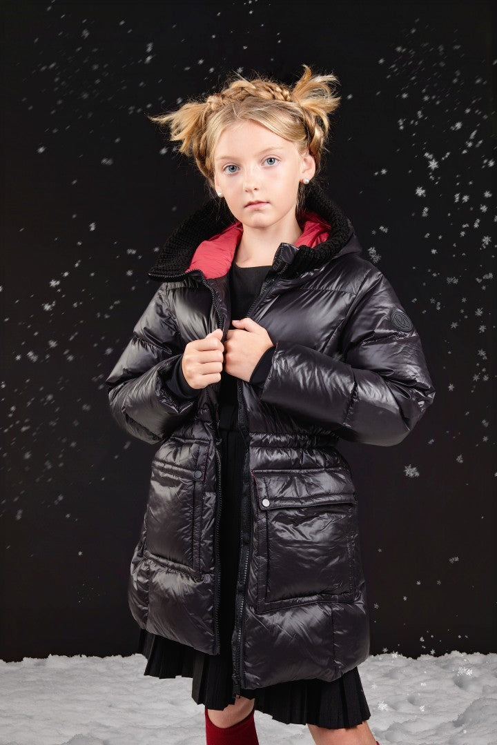 ELLABEE BLACK KNIT TRIM PUFFER LONG COAT