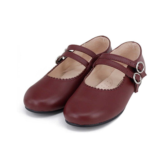 CAMILLE KIDS BURGUNDY SCALLOP TRIM DOUBLE BUCKLE SHOE