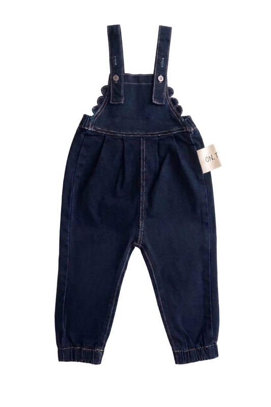 BIRNHAM ON THE SEA DARK BLUE DENIM SCALLOP TRIM OVERALLS