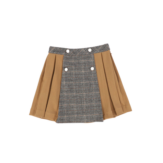 PATACHOU CAMEL/PLAID FRONT PLEAT SKIRT