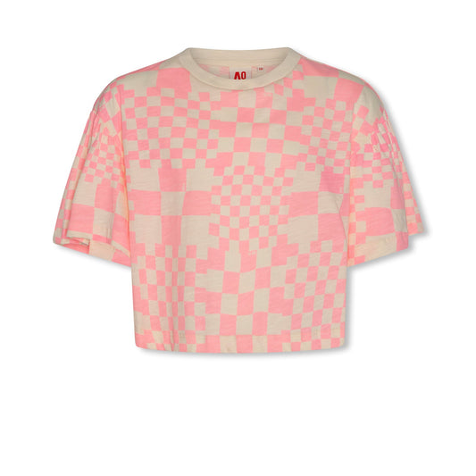 AO76 PINK CHECKERED DESIGNED BELL SLEEVE TEE