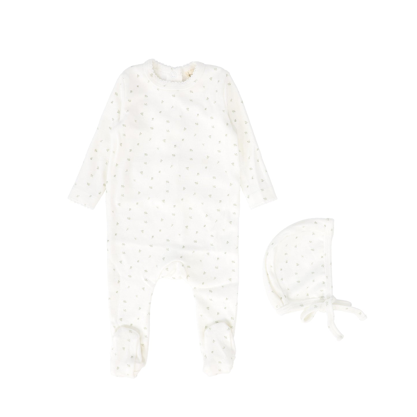 BEBE JOLEE SAGE FLORAL PRINTED FOOTIE AND BONNET