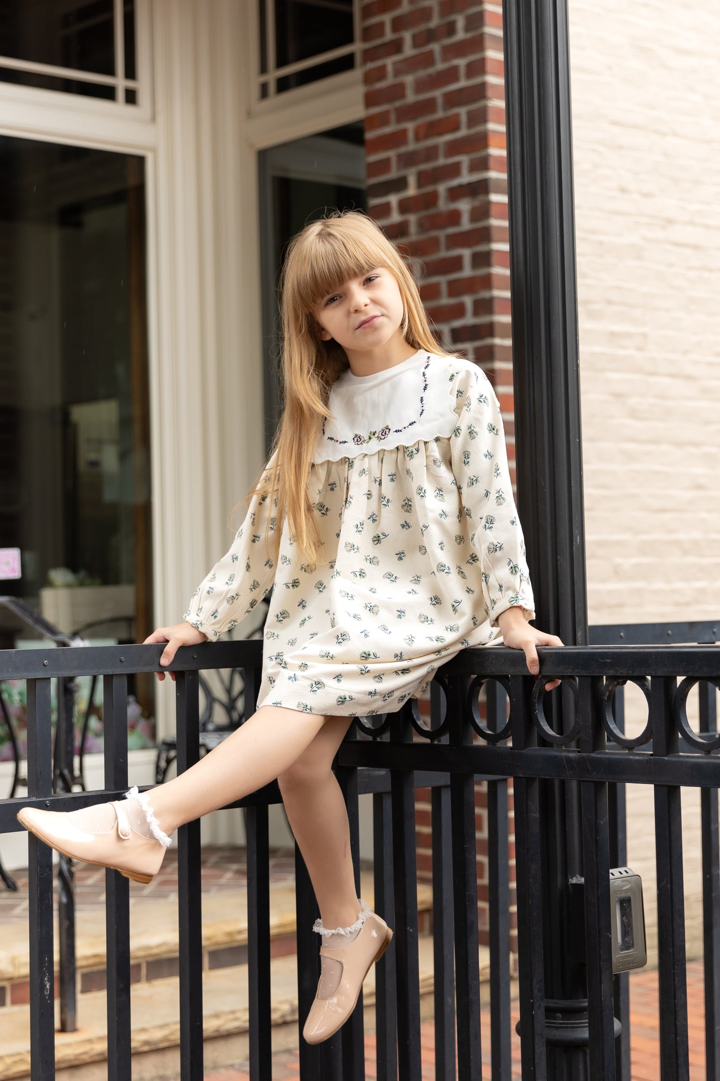 NOUNELLE CREAM FLORAL CORDUROY BIB DRESS