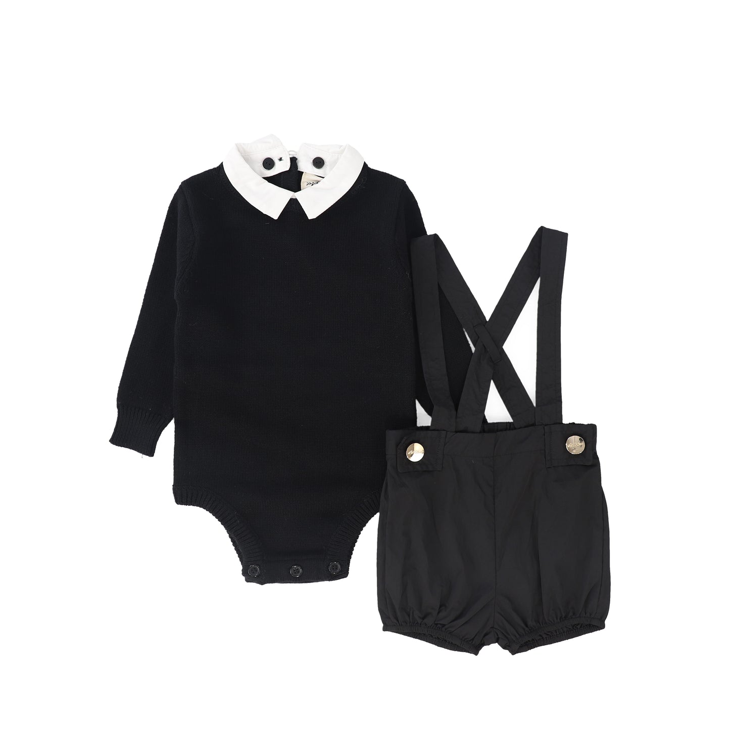 LA NINA BLACK KNIT/TAFFETA COLLAR OVERALL SET