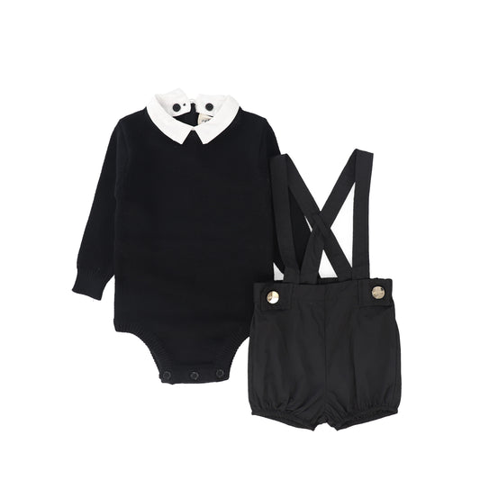 LA NINA BLACK KNIT/TAFFETA COLLAR OVERALL SET