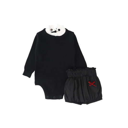 LA NINA BLACK KNIT/TAFFETA RUFFLE COLLAR OVERALL SET