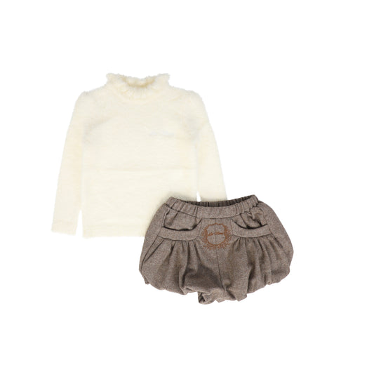 LA NINA CREAM/BROWN WOOL EMBLEM BLOOMER SET
