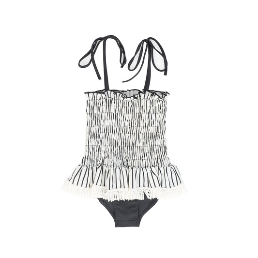 WATER CLUB GREY SMOCKED STRIPE FRINGE SWIMSUIT