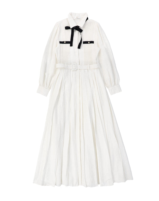 COCO BLANC CREAM BOW COLLAR PLEATED DRESS