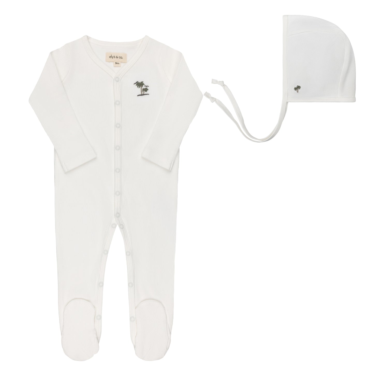 ELYS & CO IVORY RIBBED PALM EMBROIDERED FOOTIE + BONNET