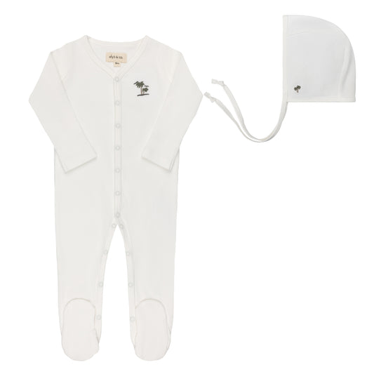ELYS & CO IVORY RIBBED PALM EMBROIDERED FOOTIE + BONNET
