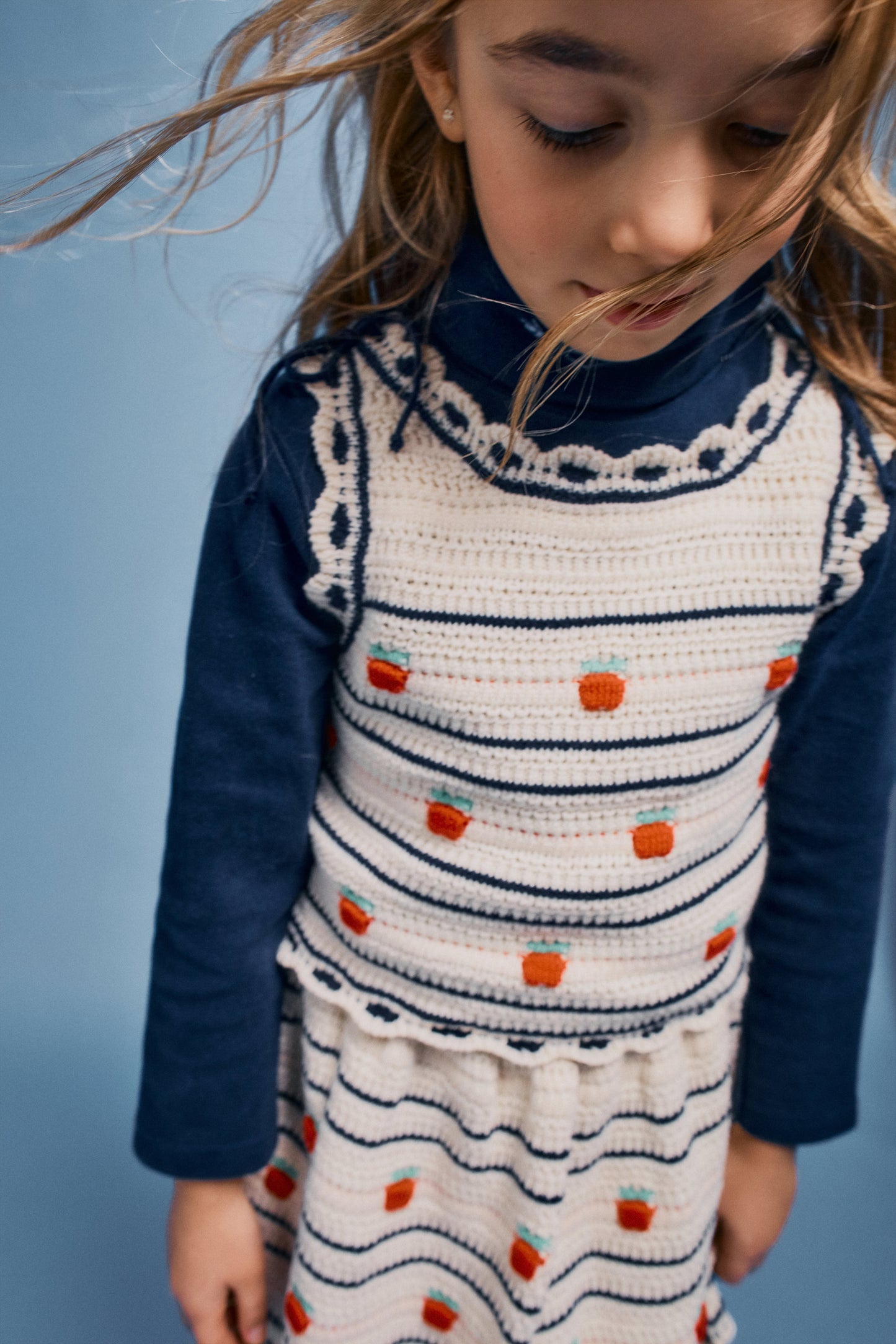 BEBE ORGANIC BEIGE/NAVY APPLE CROCHET KNIT JUMPER