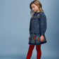 BEBE ORGANIC MIDNIGHT BLUE POLKA DOT EMBROIDERED FLARED SKIRT