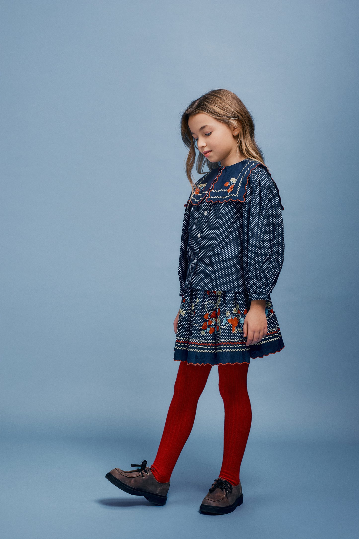 BEBE ORGANIC MIDNIGHT BLUE POLKA DOT EMBROIDERED FLARED SKIRT