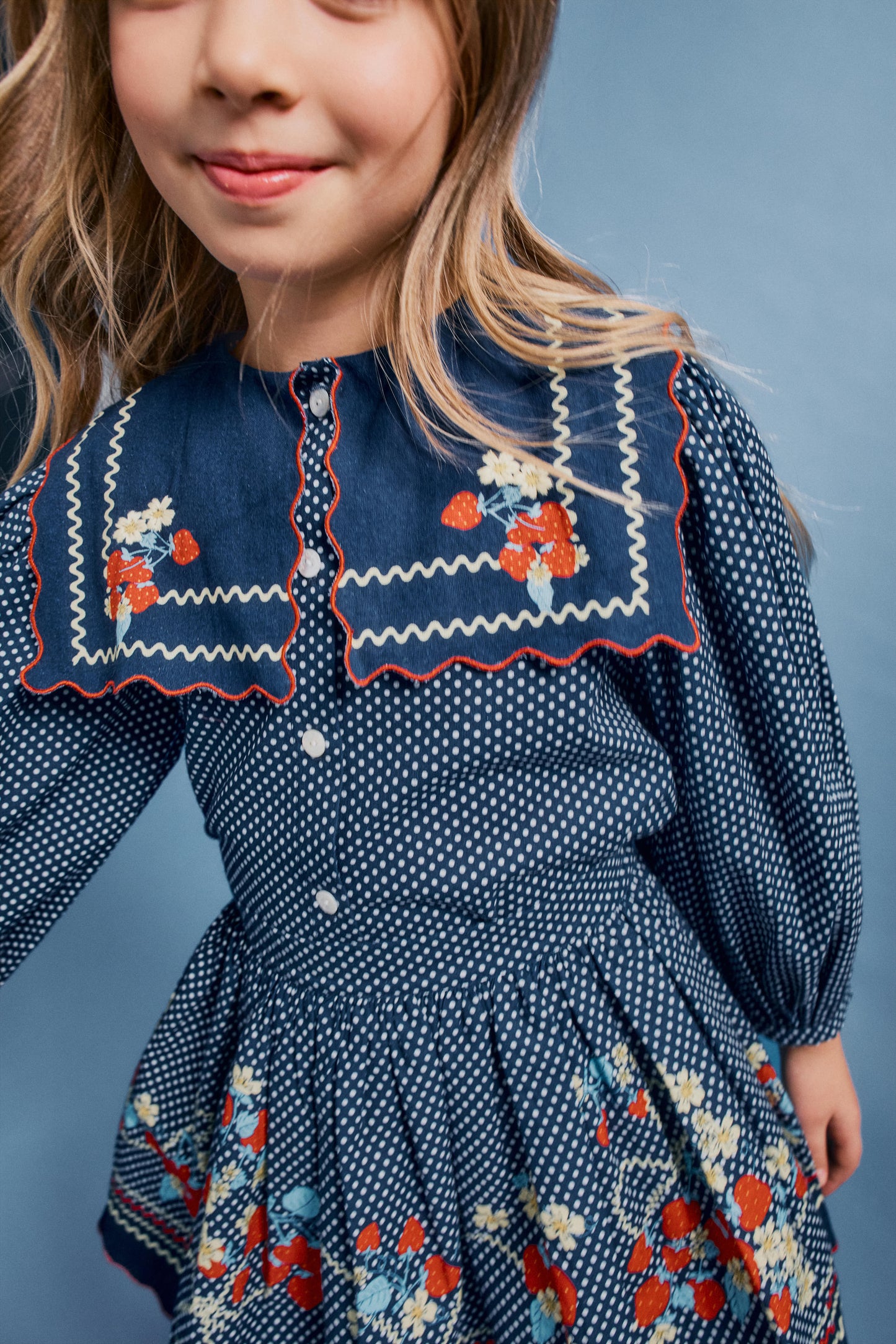 BEBE ORGANIC MIDNIGHT BLUE POLKA DOT EMBROIDERED BIB BLOUSE
