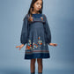 BEBE ORGANIC MIDNIGHT BLUE POLKA DOT EMBROIDERED BIB DRESS