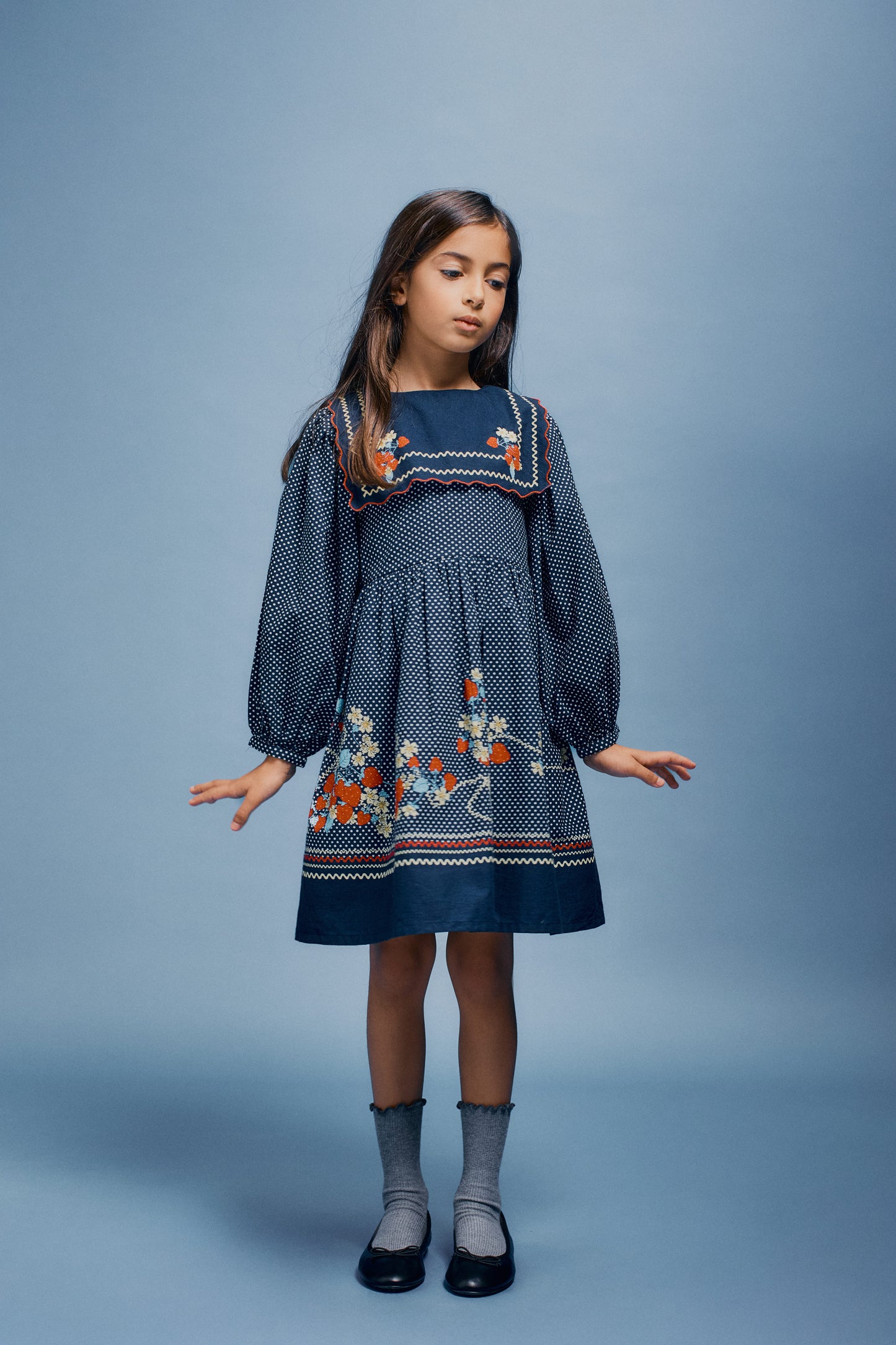 BEBE ORGANIC MIDNIGHT BLUE POLKA DOT EMBROIDERED BIB DRESS
