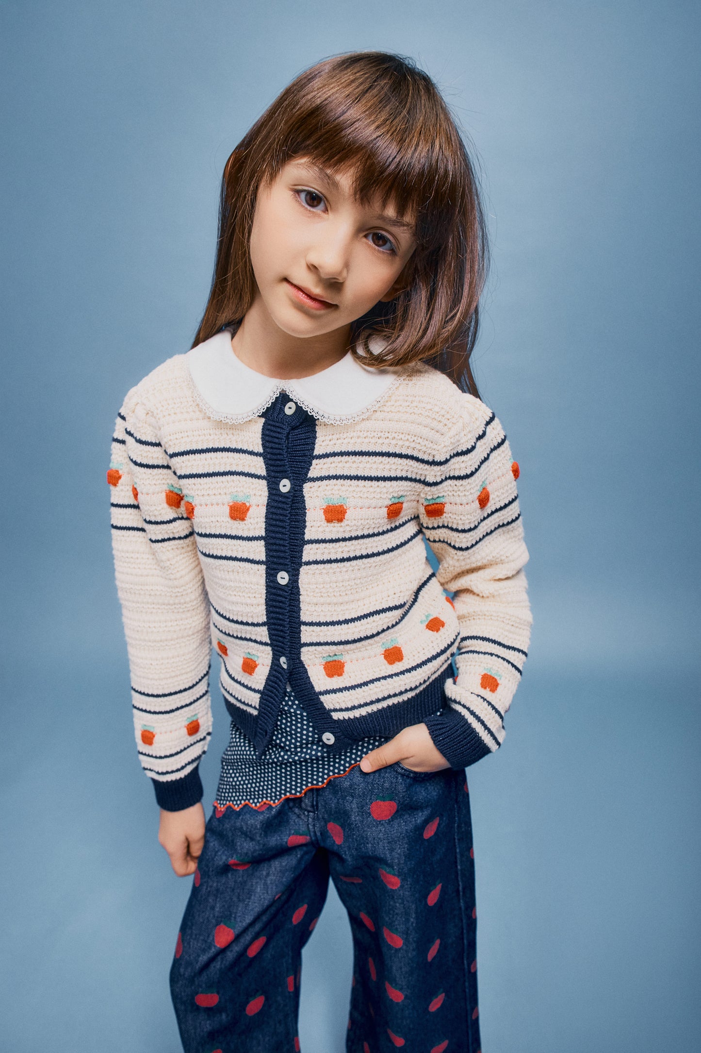 BEBE ORGANIC BEIGE/NAVY APPLE CROCHET KNIT CARDIGAN