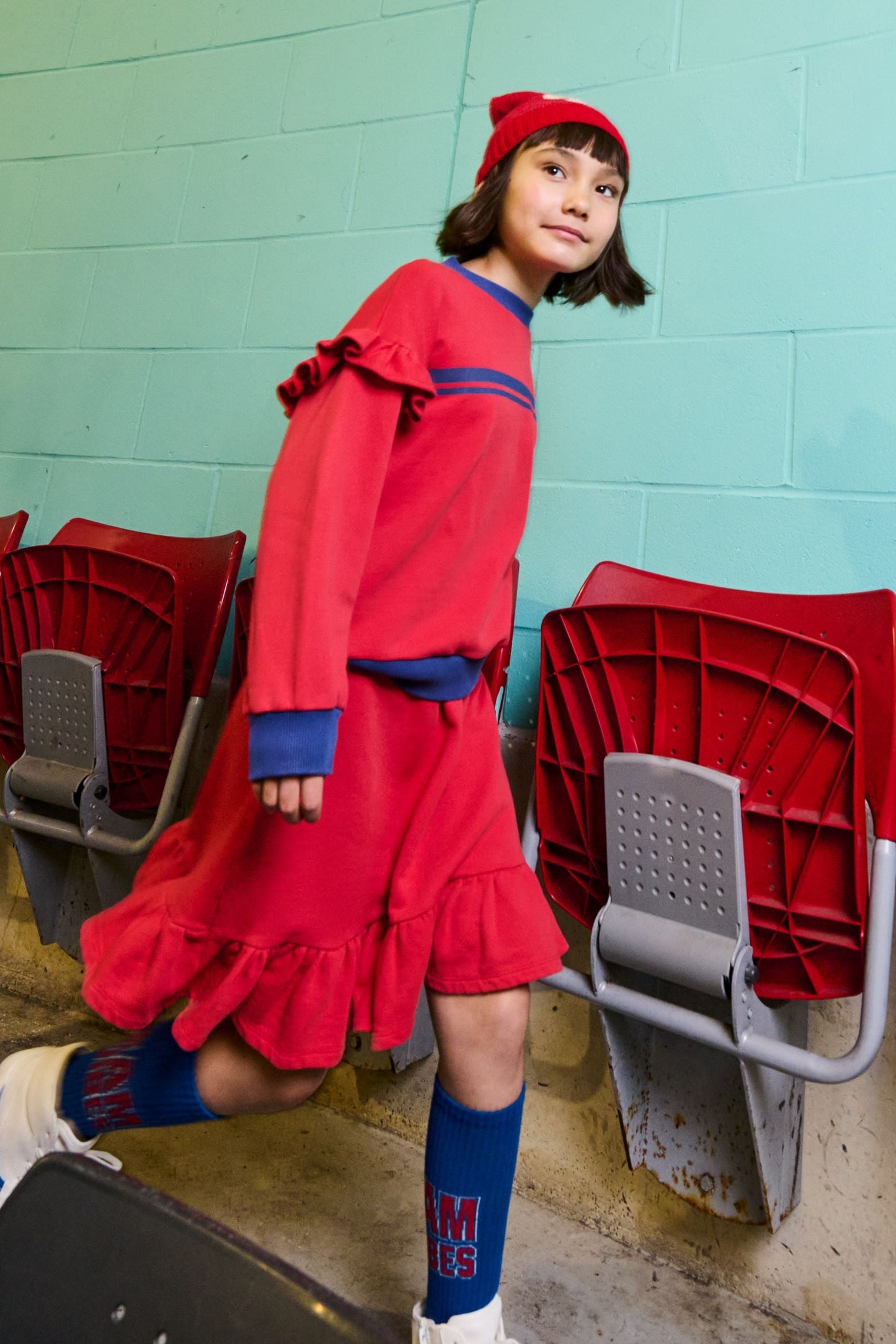 LOUD RED/BLUE TRIM EMBROIDERED RUFFLE SKIRT
