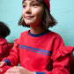 LOUD RED/BLUE TRIM EMBROIDERED RUFFLE SWEATSHIRT