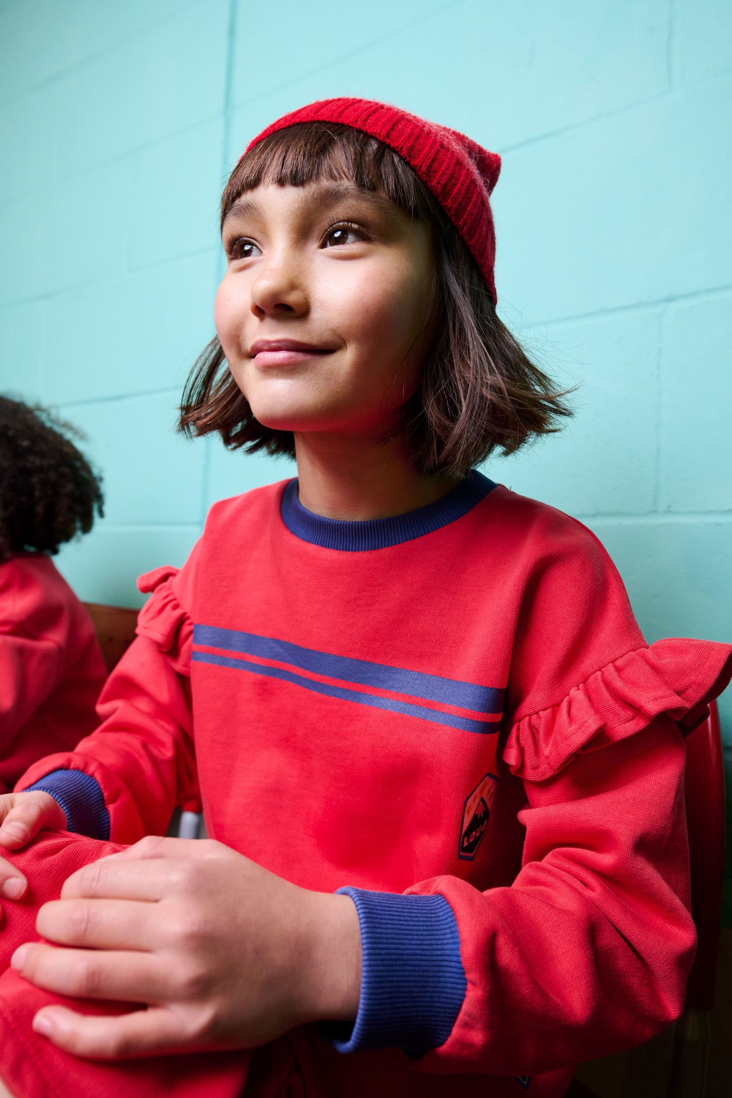 LOUD RED/BLUE TRIM EMBROIDERED RUFFLE SWEATSHIRT