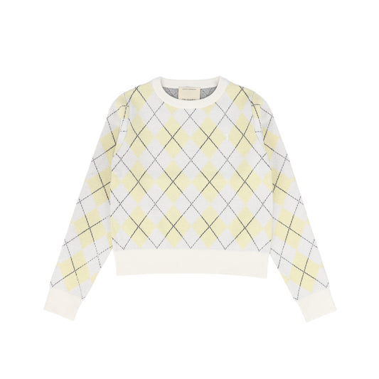 TRUSSARDI CREAM/YELLOW ARGYLE KNIT SWEATER