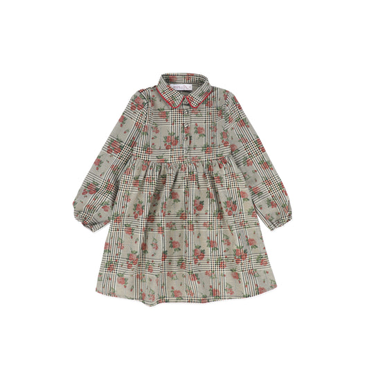 PAPILLON OLIVE GREEN FLORAL PLAID DRESS