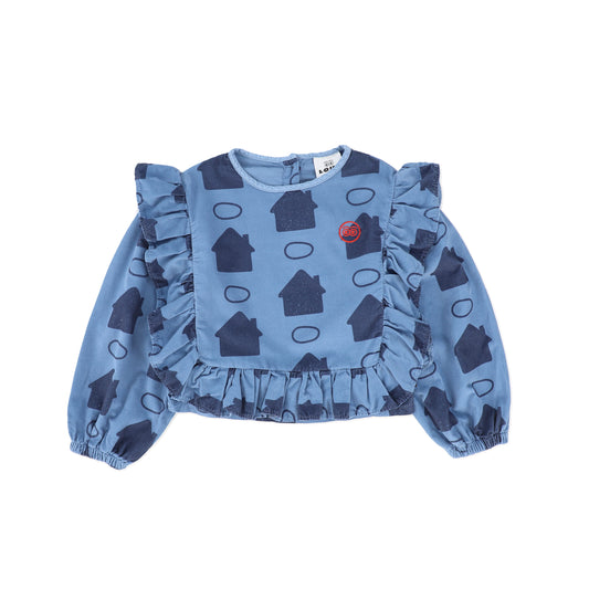 LOUD LIGHT BLUE HOUSE PRINT RUFFLE TOP