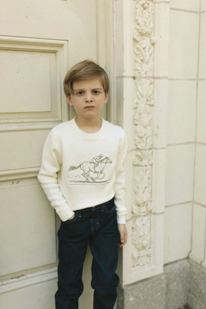 COTTIER CREAM/BLUE RIDING HORSE KNIT SWEATER